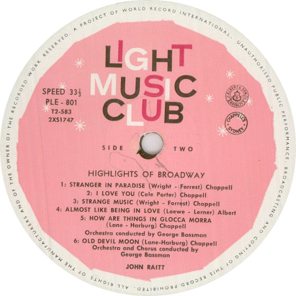 John Raitt : Highlights Of Broadway (LP, Album, Mono, Club, 1st)