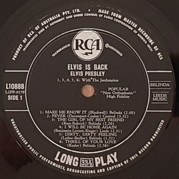 Elvis Presley With The Jordanaires : Elvis Is Back! (LP, Album, Mono)