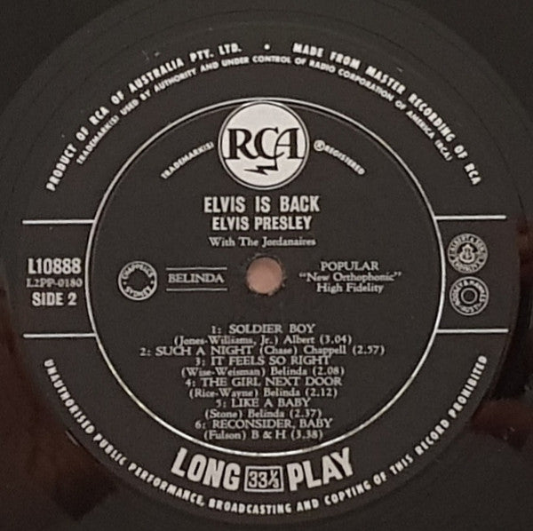 Elvis Presley With The Jordanaires : Elvis Is Back! (LP, Album, Mono)