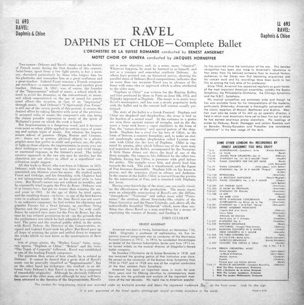 Ravel*, Ernest Ansermet Conducting L'Orchestre De La Suisse Romande With Motet Choir Of Geneva , Dir. Jacques Horneffer : Daphnis Et Chloé Complete Ballet (LP, Mono)