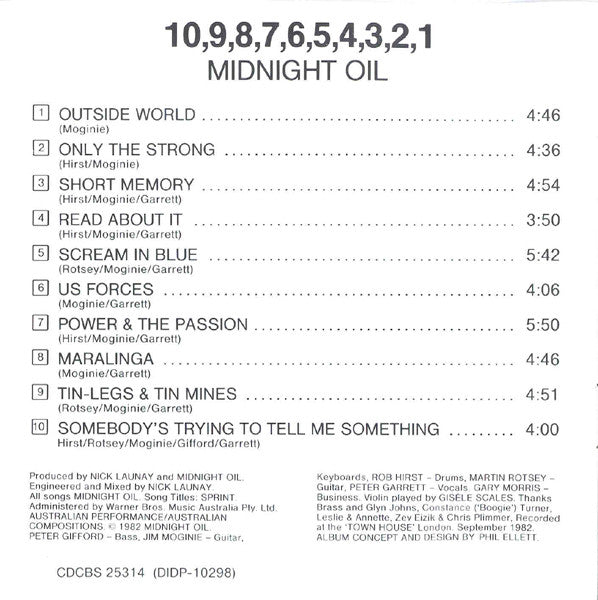 Midnight Oil : 10, 9, 8, 7, 6, 5, 4, 3, 2, 1 (CD, Album, RE)