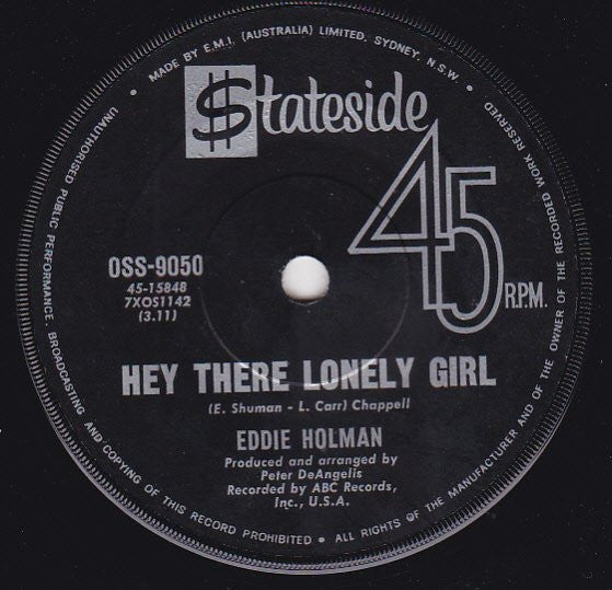 Eddie Holman : Hey There Lonely Girl (7", Single)