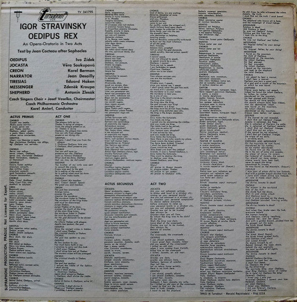 Czech Philharmonic Orchestra*, Karel Ančerl, Igor Stravinsky : Oedipus Rex (LP, Album, RE, Uni)