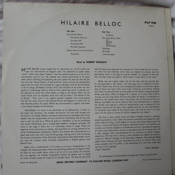 Hilaire Belloc Read By Robert Speaight : Poems (LP, Mono)