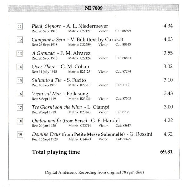 Enrico Caruso : Caruso In Song (CD, Comp, Amb)