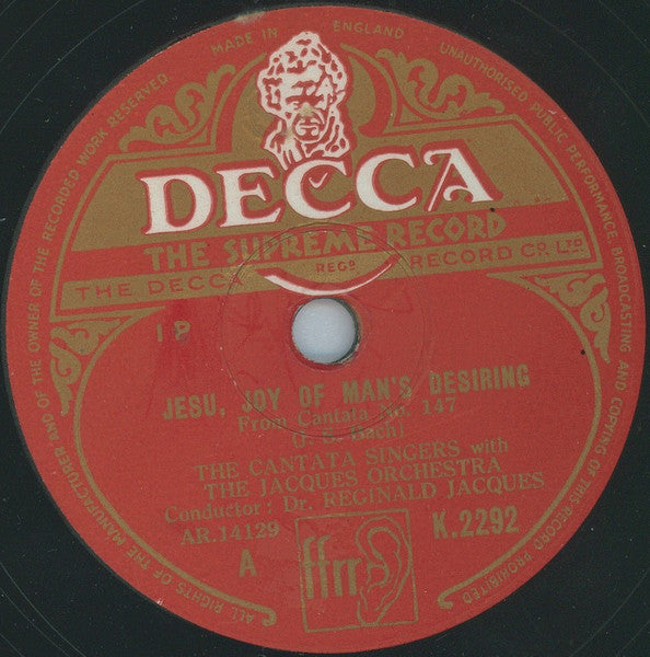 J. S. Bach* - The Cantata Singers with The Jacques Orchestra, Dr. Reginald Jacques* : Jesu, Joy Of Man's Desiring / Sleepers Wake (Shellac, 12")