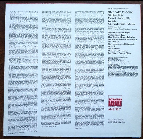 Giacomo Puccini, Maria Friesenhausen, William Johns, Hans Günther Grimm, Die Nordwestdeutsche Philharmonie*, Der Chor Der NWD Philharmonie Herford*, Der Städtische Musikverein Paderborn, Werner Andreas Albert : Messa Di Gloria 1980 (Für Soli, Chor Und Großes Orchester) (LP)
