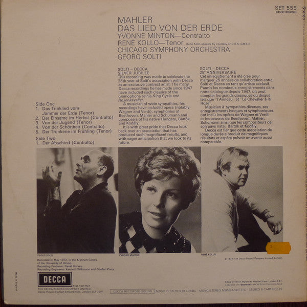 Mahler*, Yvonne Minton, René Kollo, Chicago Symphony Orchestra, Georg Solti : Das Lied Von Der Erde   (LP)