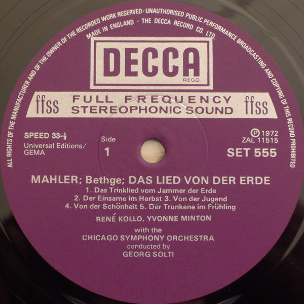 Mahler*, Yvonne Minton, René Kollo, Chicago Symphony Orchestra, Georg Solti : Das Lied Von Der Erde   (LP)