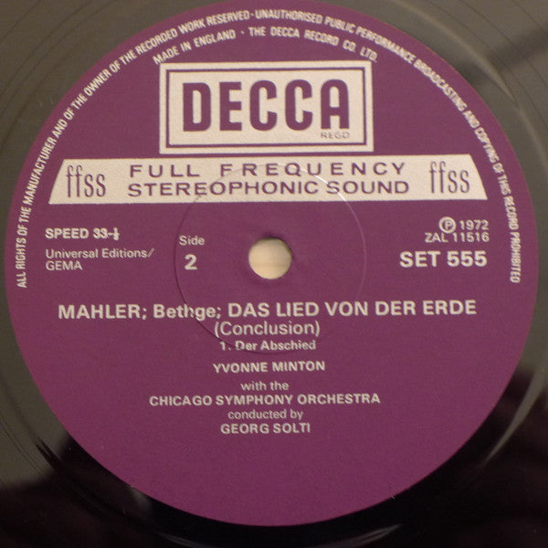 Mahler*, Yvonne Minton, René Kollo, Chicago Symphony Orchestra, Georg Solti : Das Lied Von Der Erde   (LP)