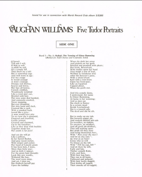 Ralph Vaughan Williams : Five Tudor Portraits (LP, Album, Club)