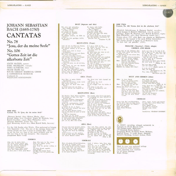 Johann Sebastian Bach / Edith Mathis, Sybil Michelow, Theo Altmeyer, Franz Crass / Der Süddeutsche Madrigalchor & Consortium Musicum (2) Conducted By Wolfgang Gönnenwein : Cantatas - No. 78 "Jesu, Der Du Meine Seele" / No. 106 "Gottes Zeit Ist Die Allerbeste Zeit" (LP, Album, Club)