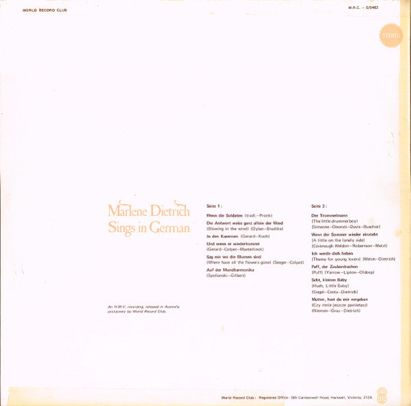 Marlene Dietrich : Sings In German (LP, Album, Club)