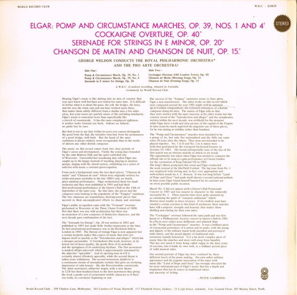 Sir Edward Elgar : Pomp And Circumstance Marches, Op. 39 Nos. 1 And 4 / Cockaigne Overture, Op. 40 / Serenade For Strings In E Minor, Op. 20 / Chanson De Matin Et Chanson De Nuit, Op. 15 (LP, Album, Club)