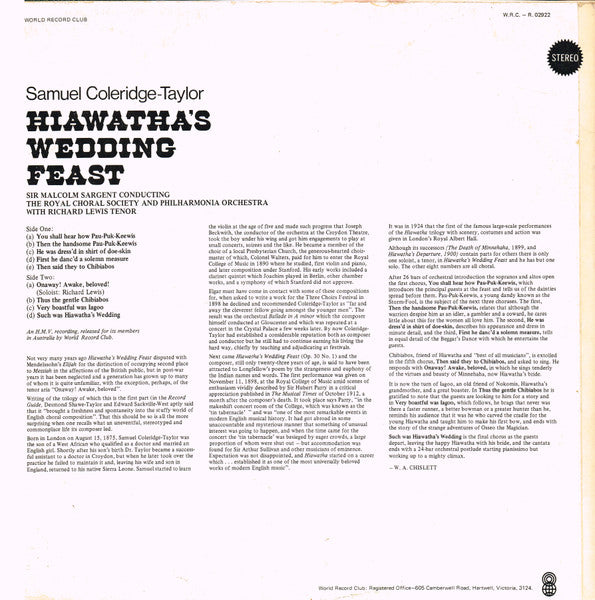 Samuel Coleridge-Taylor : Hiawatha's Wedding Feast (LP, Album, Club)