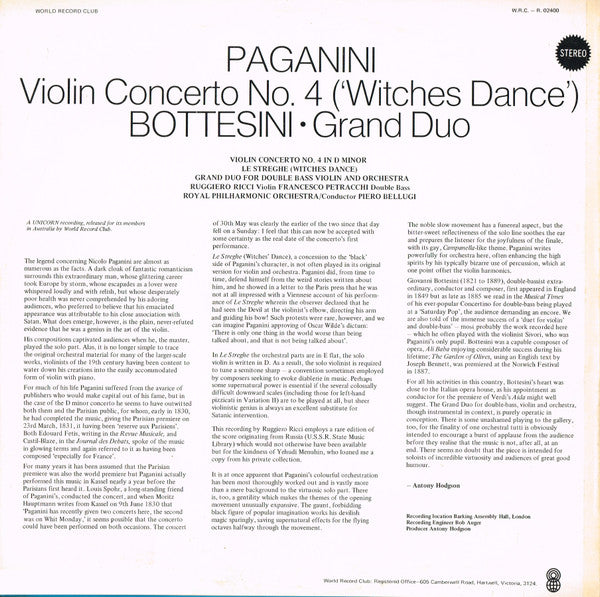 Paganini*, Bottesini* : Violin Concerto No. 4 / (ꞌWitches Danceꞌ) / Grand Duo (LP, Album, Club)
