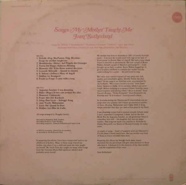 Joan Sutherland : Songs My Mother Taught Me (LP, Album, Club, RE)