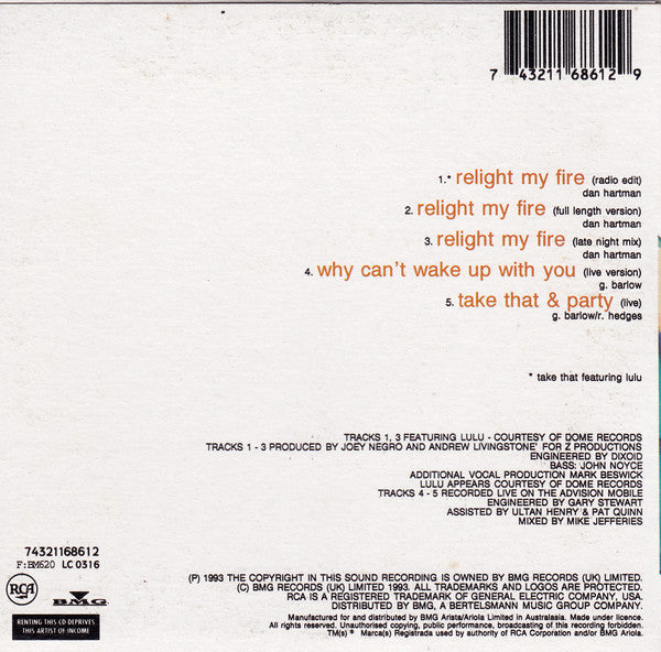 Take That Featuring Lulu : Relight My Fire (CD, Single, Car)
