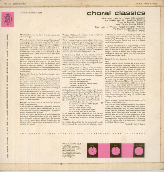 Elsie Morison With The Bach Choir And The Jacques Orchestra . Conducted By Reginald Jacques With Osborne Peasgood : Choral Classics (LP, Album, Mono, Club)