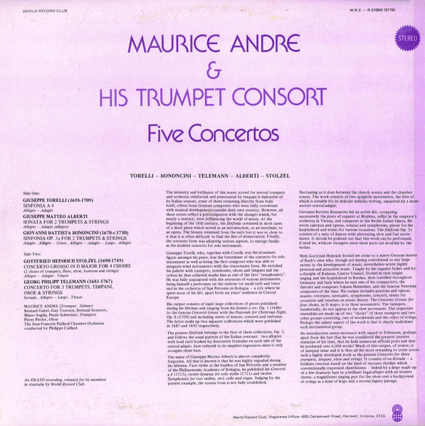 Maurice Andre  And His Trumpet Consort*  / Torelli* - Bononcini* - Telemann* - Alberti* - Stölzel* : Five Concertos (LP, Album, Club)