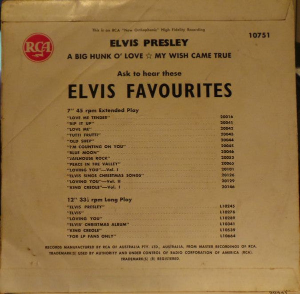 Elvis Presley With The Jordanaires : A Big Hunk O' Love (7", Single, Tri)