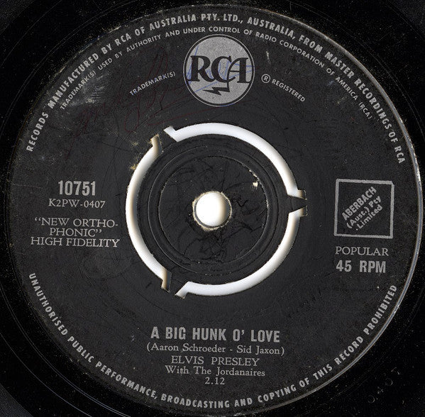 Elvis Presley With The Jordanaires : A Big Hunk O' Love (7", Single, Tri)