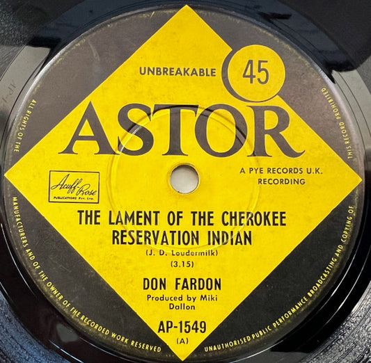 Don Fardon : The Lament Of The Cherokee Reservation Indian (7", Single)