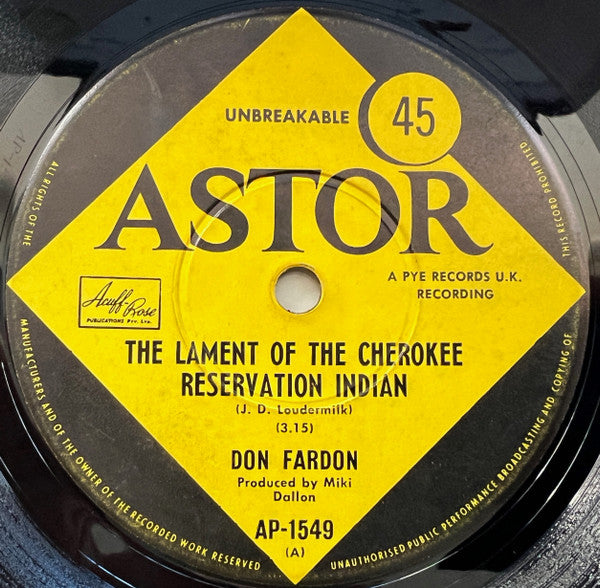 Don Fardon : The Lament Of The Cherokee Reservation Indian (7", Single)