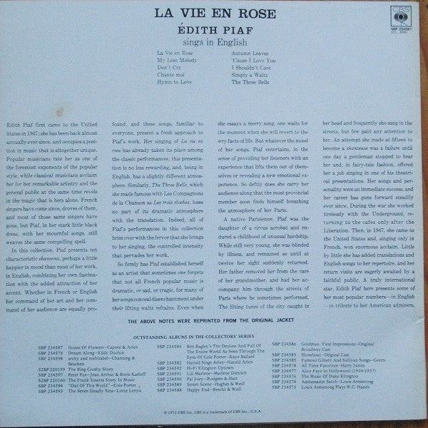Édith Piaf* : La Vie En Rose / Édith Piaf Sings In English (LP, Album, Mono)