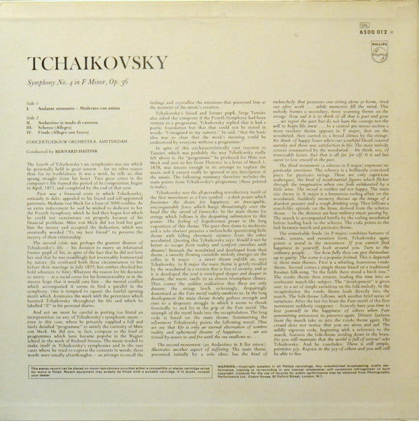 Pyotr Ilyich Tchaikovsky, Concertgebouworkest, Bernard Haitink : Symphony No. 4 (LP)