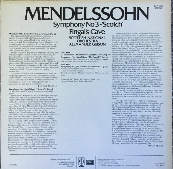Felix Mendelssohn-Bartholdy, Royal Scottish National Orchestra, Alexander Gibson : Symphony No 3 -'Scotch' / Fingal's Cave (LP)
