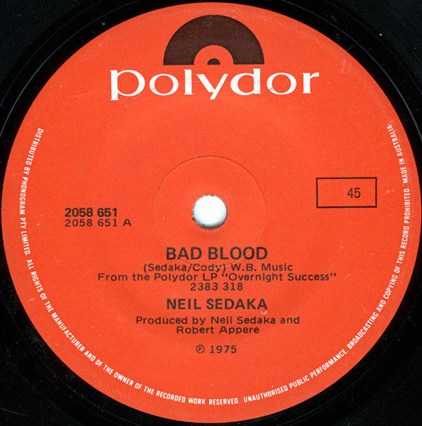 Neil Sedaka : Bad Blood (7", Single)