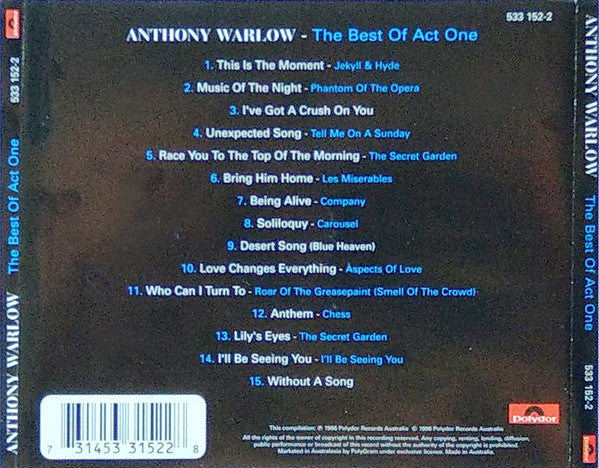 Anthony Warlow : The Best Of Act One (CD, Comp)