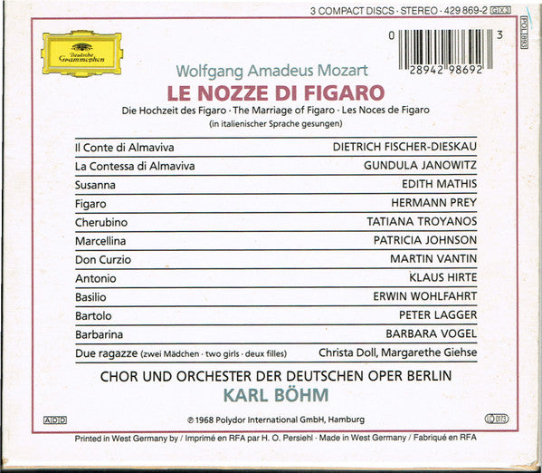 Mozart* - Hermann Prey · Edith Mathis · Gundula Janowitz · Dietrich Fischer-Dieskau · Tatiana Troyanos · Chor* Und Orchester Der Deutschen Oper Berlin · Karl Böhm : Le Nozze Di Figaro (3xCD, Album, RE, RP)