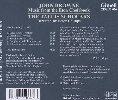 John Browne ,  The Tallis Scholars, Peter Phillips (2) : Music From The Eton Choirbook (CD)