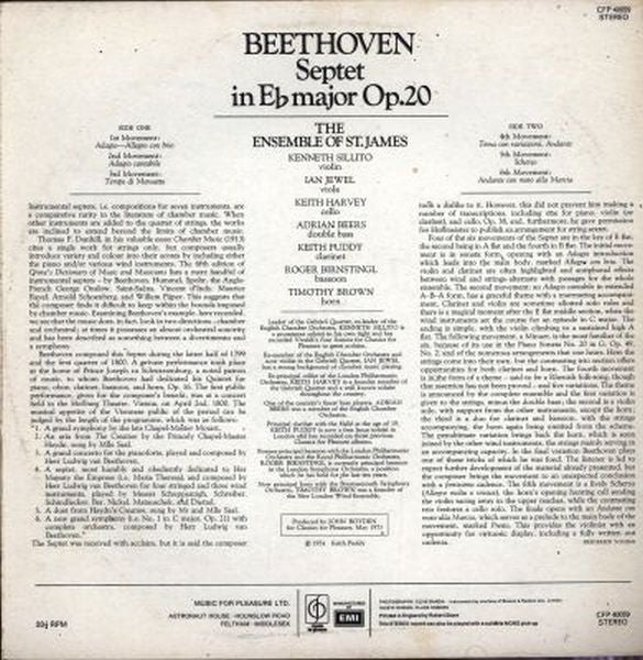The Ensemble Of St. James : Beethoven - Septet In Eb Major, Op.20 (LP, Album)