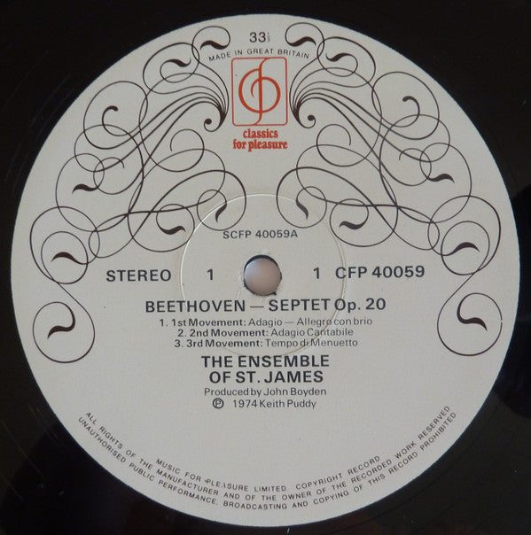 The Ensemble Of St. James : Beethoven - Septet In Eb Major, Op.20 (LP, Album)