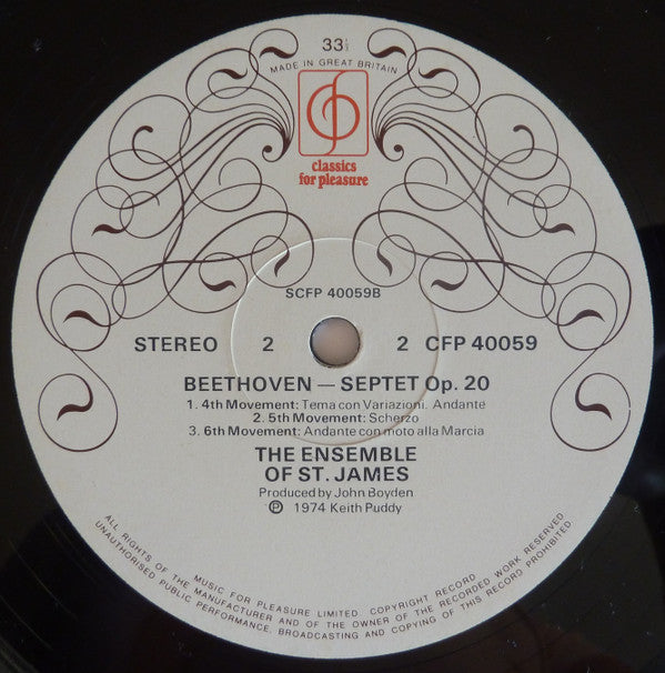 The Ensemble Of St. James : Beethoven - Septet In Eb Major, Op.20 (LP, Album)
