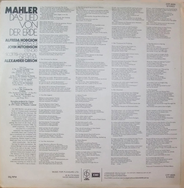 Gustav Mahler, Alfreda Hodgson, John Mitchinson, Royal Scottish National Orchestra, Alexander Gibson : Das Lied Von Der Erde (LP, Album)