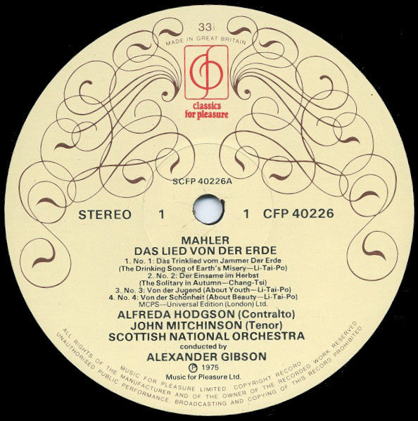 Gustav Mahler, Alfreda Hodgson, John Mitchinson, Royal Scottish National Orchestra, Alexander Gibson : Das Lied Von Der Erde (LP, Album)