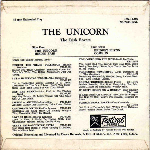 The Irish Rovers : The Unicorn (7", EP, Mono)