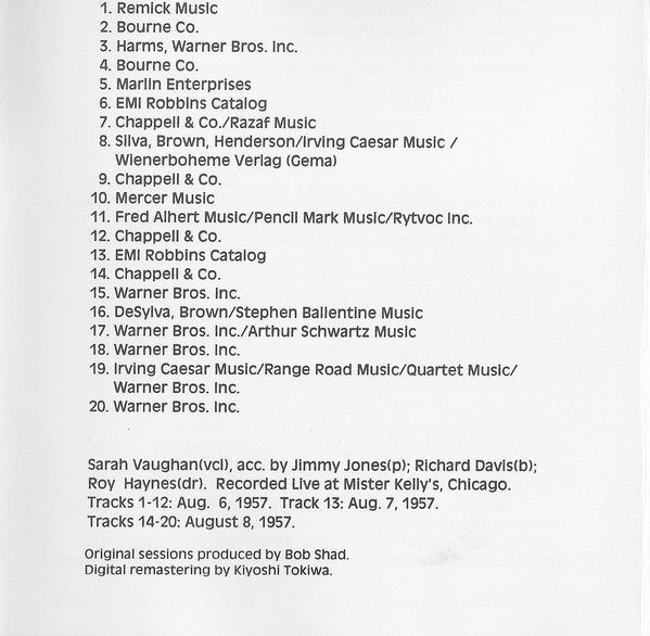 Sarah Vaughan And Her Trio : Sarah Vaughan At Mister Kelly's (CD, Album, RE, RM)