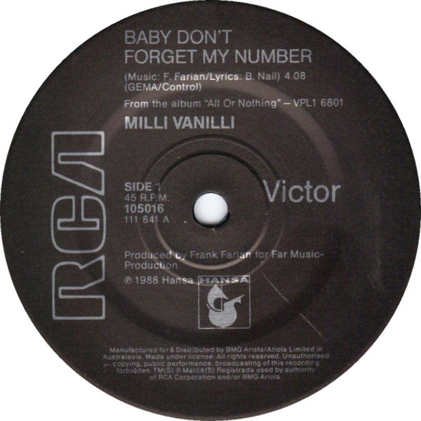 Milli Vanilli : Baby Don't Forget My Number (7", Single)