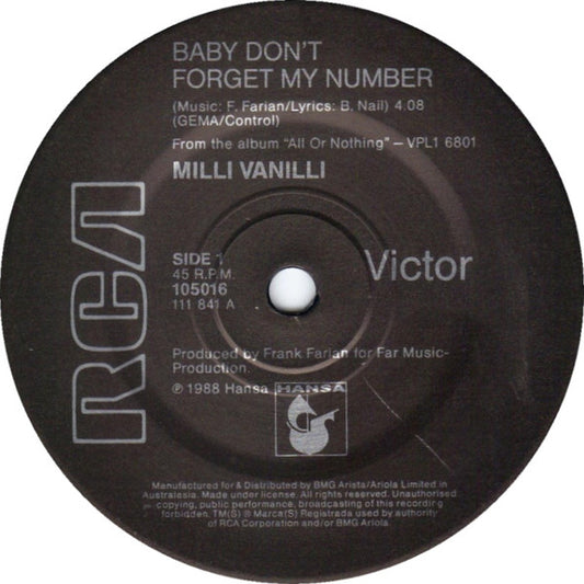 Milli Vanilli : Baby Don't Forget My Number (7", Single)