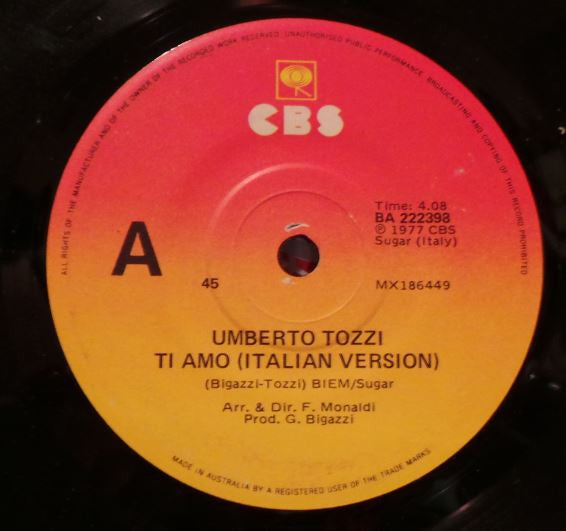 Umberto Tozzi : Ti Amo (7", Single)