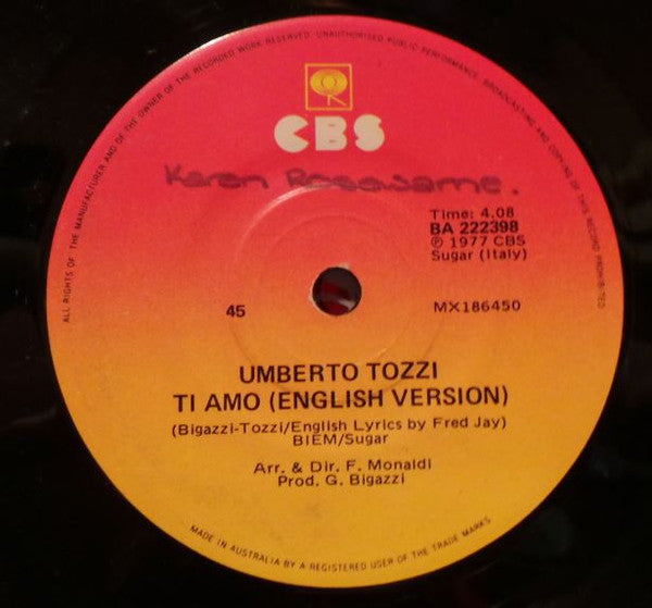 Umberto Tozzi : Ti Amo (7", Single)