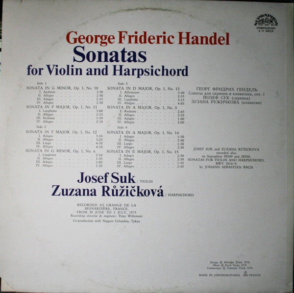 Georg Friedrich Händel, Josef Suk And Zuzana Růžičková : Sonatas Op. 1 For Violin And Harpsichord (2xLP, Album, Quad, Gat)