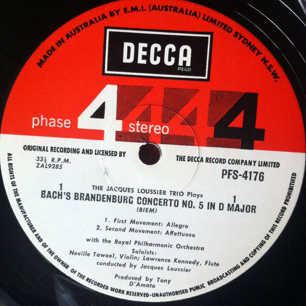 The Jacques Loussier Trio* Plays Bach* With The Royal Philharmonic Orchestra Conducted By Jacques Loussier : Bach's Brandenburg Concerto No. 5 (LP, Album)