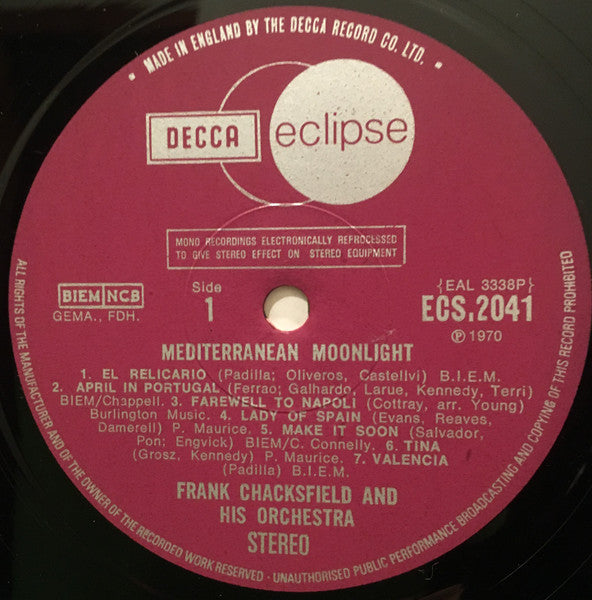 Frank Chacksfield & His Orchestra : Mediterranean Moonlight (LP, RE, RM)