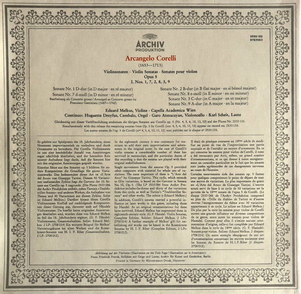 Corelli* - Eduard Melkus : Violinsonaten · Violin Sonatas · Sonates Pour Violon · Op. 5, I. Nos. 1·7·2·8·3·9 (LP, Album)